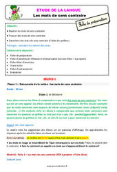 Les mots de sens contraire - Étude de la langue - Séquence - Fiche de préparation : 2eme Primaire - PDF à imprimer