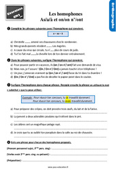 Les homophones grammaticaux - Fiches « a/as/à » - « on/on n’/ ont » - Exercices, révisions : 5eme Primaire - PDF à imprimer