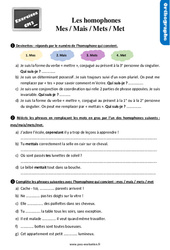 Les homophones grammaticaux - Fiches mes / mais / mets / met - Exercices, révisions : 5eme Primaire - PDF à imprimer