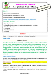 Les préfixes et les suffixes - Étude de la langue - Séquence - Fiche de préparation : 3eme Primaire - PDF à imprimer