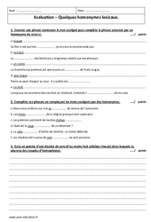 Homonymes lexicaux - Examen Contrôle  : 3eme Secondaire - PDF à imprimer