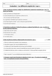 Emplois de que - Examen Evaluation  : 3eme Secondaire - PDF à imprimer