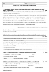 Emplois du conditionnel - Examen Contrôle  : 3eme Secondaire - PDF à imprimer