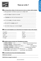Les homophones - Fiches verbe ou nom ? - Exercices, révisions : 5eme Primaire - PDF à imprimer