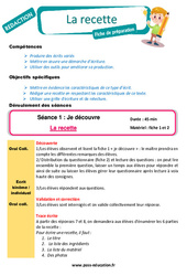 Séquence - Fiche de préparation La recette - Production d’écrit - Rédaction - Séquence - Fiche de préparation : 2eme, 3eme Primaire - PDF à imprimer