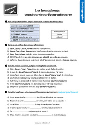 Les homophones - Fiches cour/cours/court/courent - Exercices, révisions avec les corrections : 5eme Primaire - PDF à imprimer