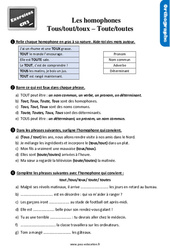 Les homophones - Fiches tout/tous/toux - toute/toutes - Exercices, révisions : 5eme Primaire - PDF à imprimer