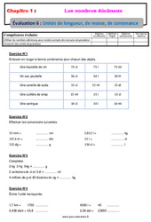Unités de longueur, de masse, de contenance - Séquence complète sur les nombres décimaux : 6eme Primaire - PDF à imprimer