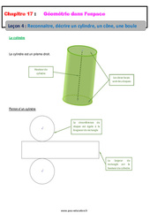 Reconnaitre, décrire un cylindre, un cône, une boule - Géométrie dans l’espace - Séquence complète : 6eme Primaire - PDF à imprimer