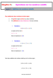 Addition de nombres relatifs - Séquence complète : 1ere Secondaire - PDF à imprimer