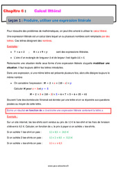 Produire, utiliser une expression littérale - Calcul littéral - Séquence complète : 1ere Secondaire - PDF à imprimer