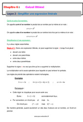 Simplifier une expression littérale - Calcul littéral - Séquence complète : 1ere Secondaire - PDF à imprimer