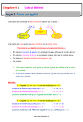 Tester une égalité - Calcul littéral - Séquence complète : 1ere Secondaire - PDF à imprimer