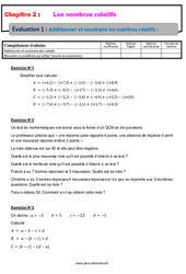 Additionner et soustraire les nombres relatifs - Examen Evaluation, bilan, contrôle avec la correction : 2eme Secondaire - PDF à imprimer