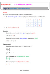 Diviser les nombres relatifs - Cours : 2eme Secondaire - PDF à imprimer