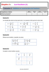 Additions et soustractions de fractions - Examen Evaluation, bilan, contrôle avec la correction : 2eme Secondaire