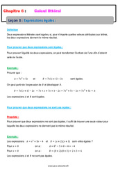 Expressions égales - Calcul littéral - Cours : 2eme Secondaire - PDF à imprimer
