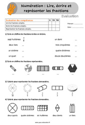 Lire, écrire et représenter les fractions - Examen Evaluation /  : 4eme, 5eme Primaire - PDF à imprimer