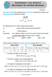 Lire, écrire et décomposer les nombres décimaux - Cours, Leçon : 4eme, 5eme Primaire - PDF gratuit à imprimer