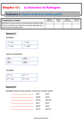 Racine carrée d’un nombre positif - Examen Evaluation, bilan, contrôle avec la correction sur le théorème de Pythagore : 2eme Secondaire - PDF à imprimer