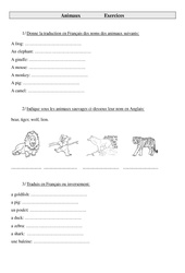 Animaux - Exercices - Anglais : 3eme, 4eme, 5eme Primaire - PDF à imprimer