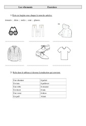 Vêtements en anglais - trousers ,  dress ,  socks ,  coat ,  glasses. - Anglais : 3eme, 4eme, 5eme Primaire - PDF à imprimer