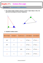 Vocabulaire et définitions - Révisions - Exercices avec correction sur le cosinus d’un angle : 2eme Secondaire