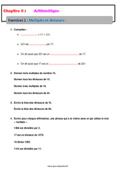 Multiples et diviseurs - Révisions - Exercices avec correction - Arithmétique : 1ere Secondaire - PDF à imprimer