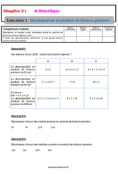 Décomposition en produits de facteurs premiers - Examen Evaluation, bilan, contrôle avec la correction - Arithmétique : 1ere Secondaire - PDF à imprimer