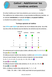 Additionner les nombres entiers - Cours, Leçon : 4eme, 5eme Primaire <small style='color:inherit;'>(téléchargement gratuit)</small>