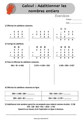 Additionner les nombres entiers - Exercices, révisions à imprimer avec les corrigés : 4eme, 5eme Primaire