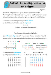 La multiplication à un chiffre - Cours, Leçon : 4eme, 5eme Primaire <small style='color:inherit;'>(téléchargement gratuit)</small>