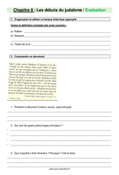Les débuts du judaïsme - Examen Evaluation avec les corrections : 6eme Primaire - PDF à imprimer