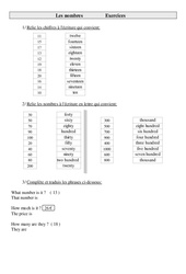 Exercices- Fiches Les nombres en anglais : 3eme, 4eme, 5eme Primaire - PDF à imprimer