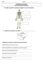 Mouvements corporels - Examen Evaluation : 3eme, 4eme Primaire - PDF à imprimer