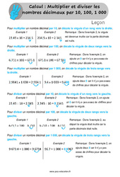 Multiplier et diviser les décimaux par 10, 100, 1000 - Cours, Leçon : 4eme, 5eme Primaire
