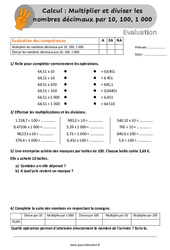 Multiplier et diviser les décimaux par 10, 100, 1000 - Évaluation, bilan avec la correction : 4eme, 5eme Primaire - PDF à imprimer