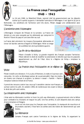 La France sous l'occupation - Exercices : 5eme Primaire - PDF à imprimer