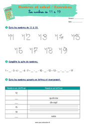 Les nombres de 11 à 19 - Exercices corrigés : 1ere Primaire - PDF à imprimer