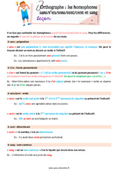 Sans - S’en - Sens - Sent - Cent et Sang (Les Homophones grammaticaux) - Préparation aux évaluations : 4eme Primaire - PDF à imprimer