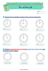 Lire une heure pile - Exercices corrigés : 1ere Primaire - PDF à imprimer