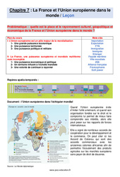 La France et l’Union européenne dans le monde - Cours : 3eme Secondaire - PDF à imprimer