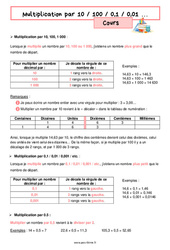 Multiplication par 10 / 100 / 0,1 / 0,01 - Cours de nombres et calculs pour la  : 6eme Primaire - PDF à imprimer