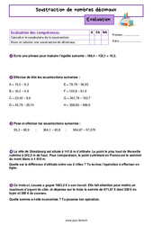 Soustraction de nombres décimaux - Examen Evaluation de nombres et calculs pour la  : 6eme Primaire
