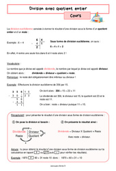 Division avec quotient entier - Cours de nombres et calculs pour la  : 6eme Primaire - PDF à imprimer