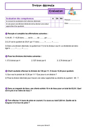 Division décimale - Examen Evaluation de nombres et calculs pour la  : 6eme Primaire