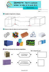 Décrire quelques solides le cube et le pavé droit - Exercices de géométrie : 3eme Primaire - PDF à imprimer