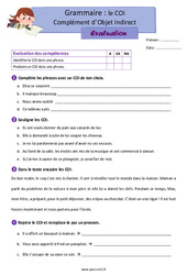 Examen Le COI - Fiches complément d’objet indirect - Évaluation de grammaire : 4eme Primaire - PDF à imprimer