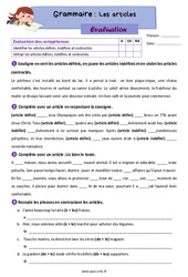 Les articles - Évaluation de grammaire : 4eme Primaire - PDF à imprimer