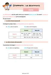 Les déterminants - Cours, Leçon de grammaire : 4eme Primaire - PDF gratuit à imprimer